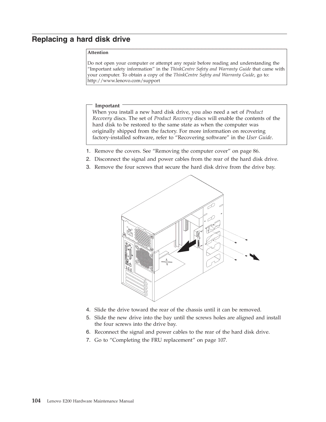 Lenovo E200 manual Replacing a hard disk drive 