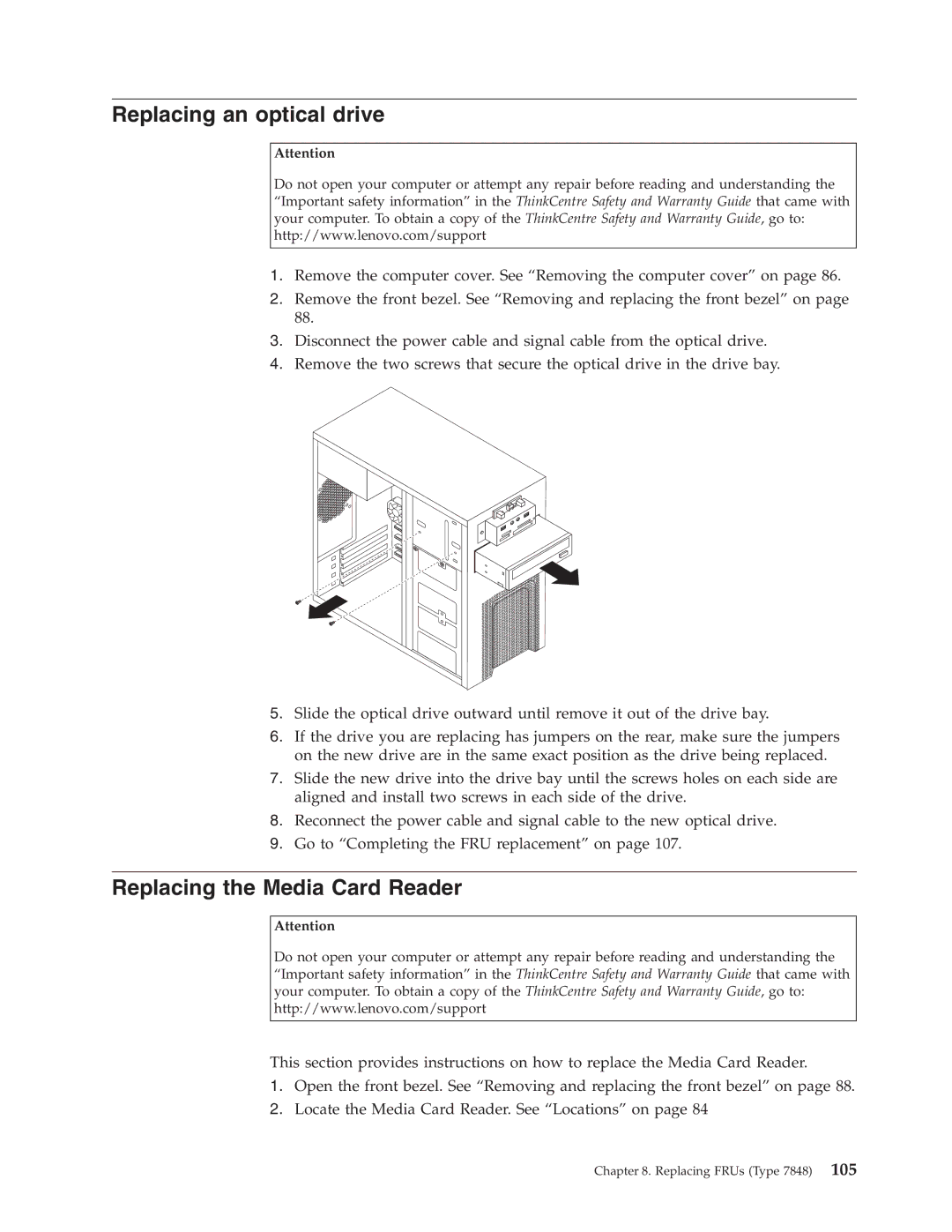 Lenovo E200 manual Replacing an optical drive, Replacing the Media Card Reader 