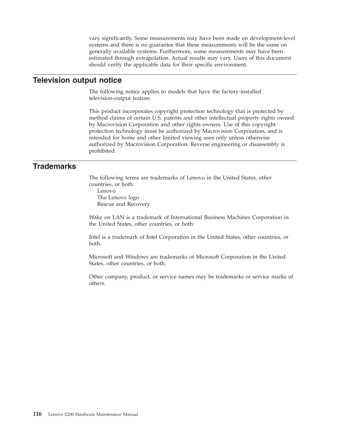 Lenovo E200 manual Television output notice, Trademarks 