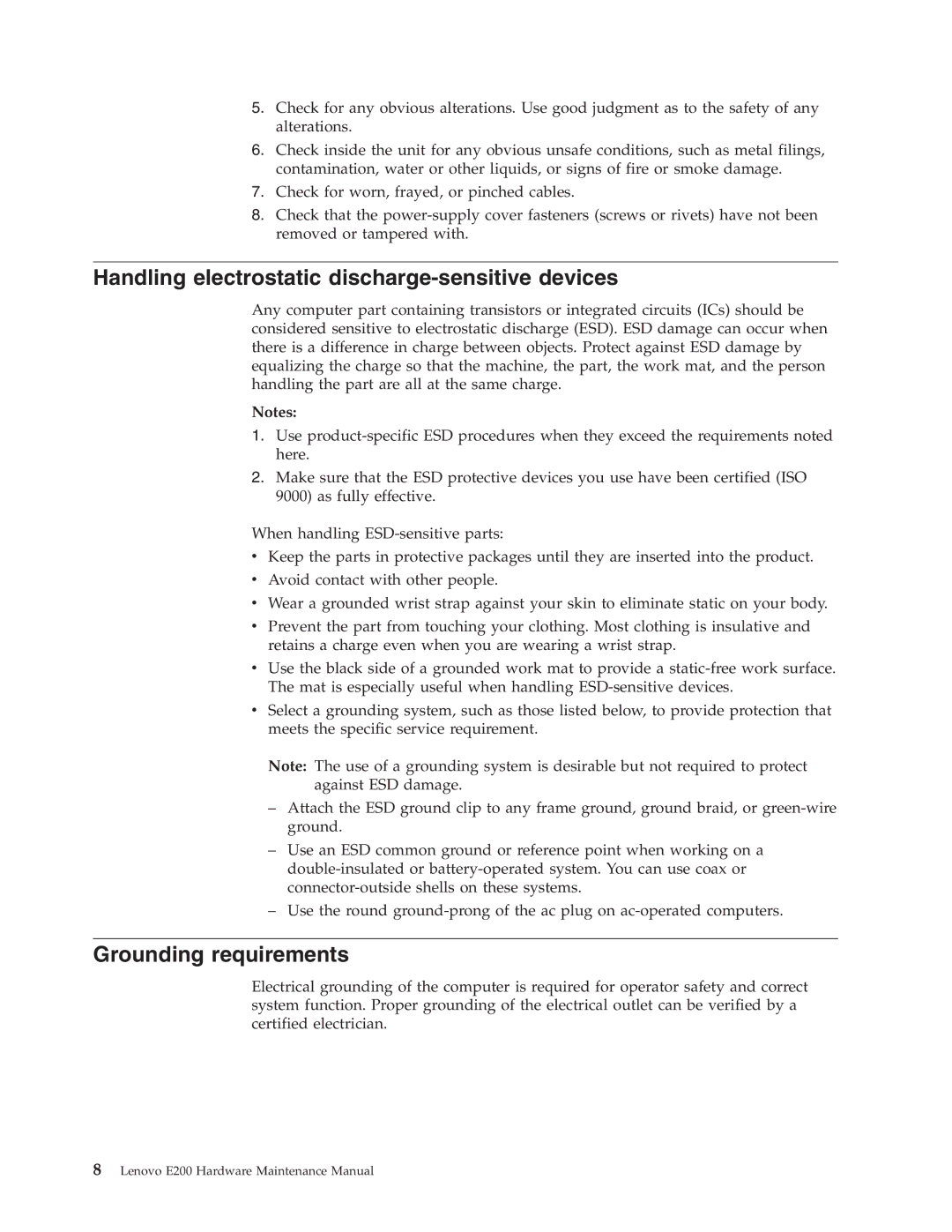 Lenovo E200 manual Handling electrostatic discharge-sensitive devices, Grounding requirements 