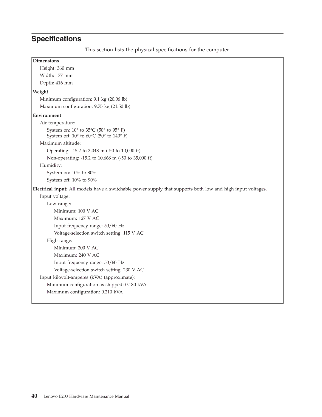 Lenovo E200 manual Specifications, Dimensions, Weight, Environment 