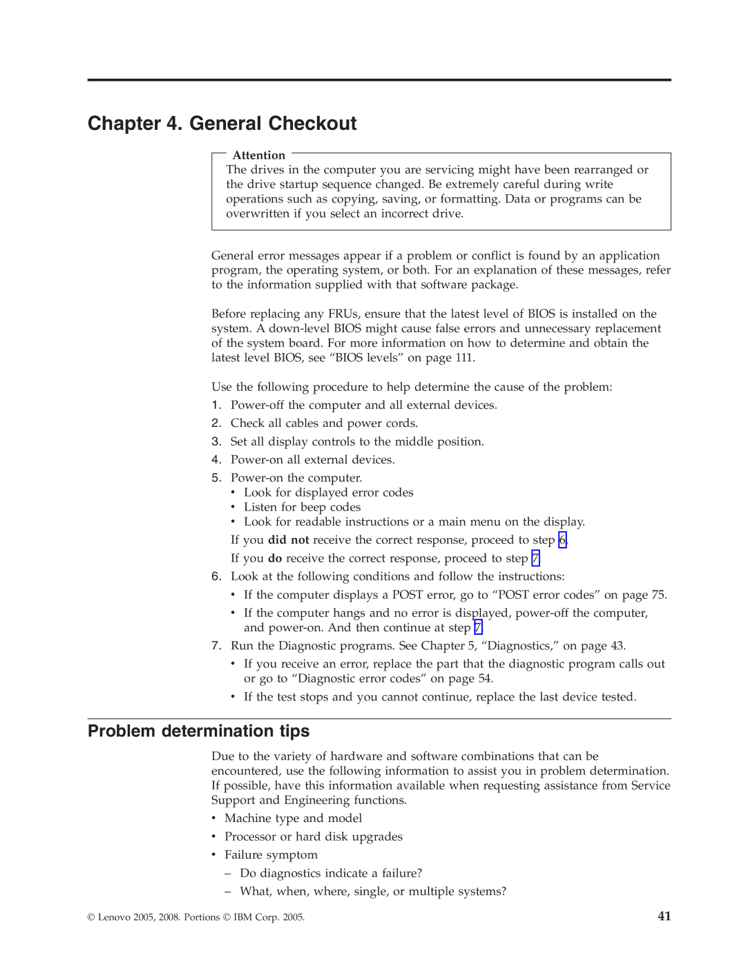 Lenovo E200 manual General Checkout, Problem determination tips 