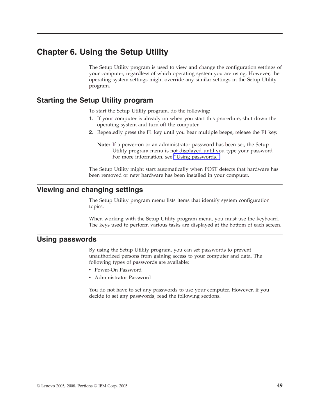 Lenovo E200 Using the Setup Utility, Starting the Setup Utility program, Viewing and changing settings, Using passwords 