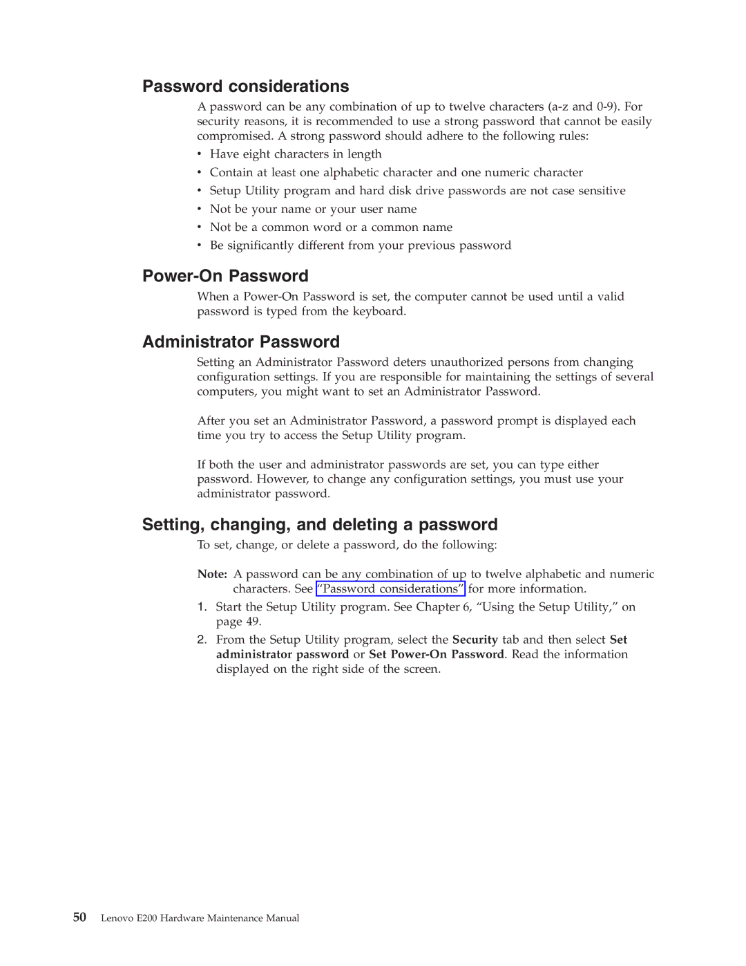 Lenovo E200 Password considerations, Power-On Password, Administrator Password, Setting, changing, and deleting a password 