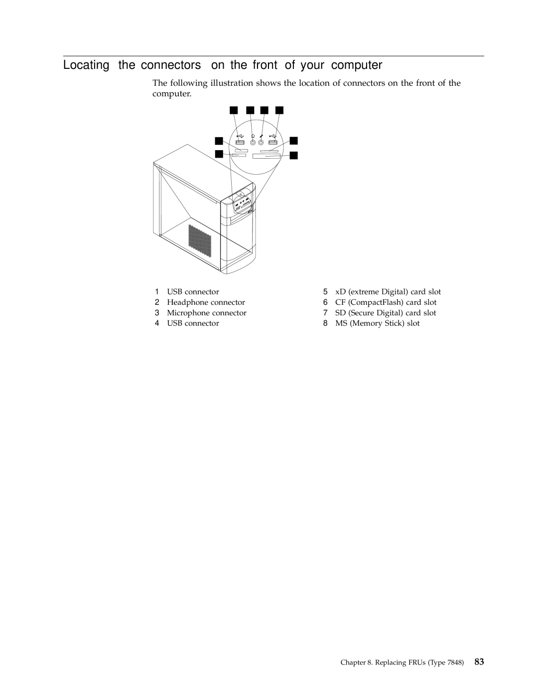 Lenovo E200 manual Locating the connectors on the front of your computer 