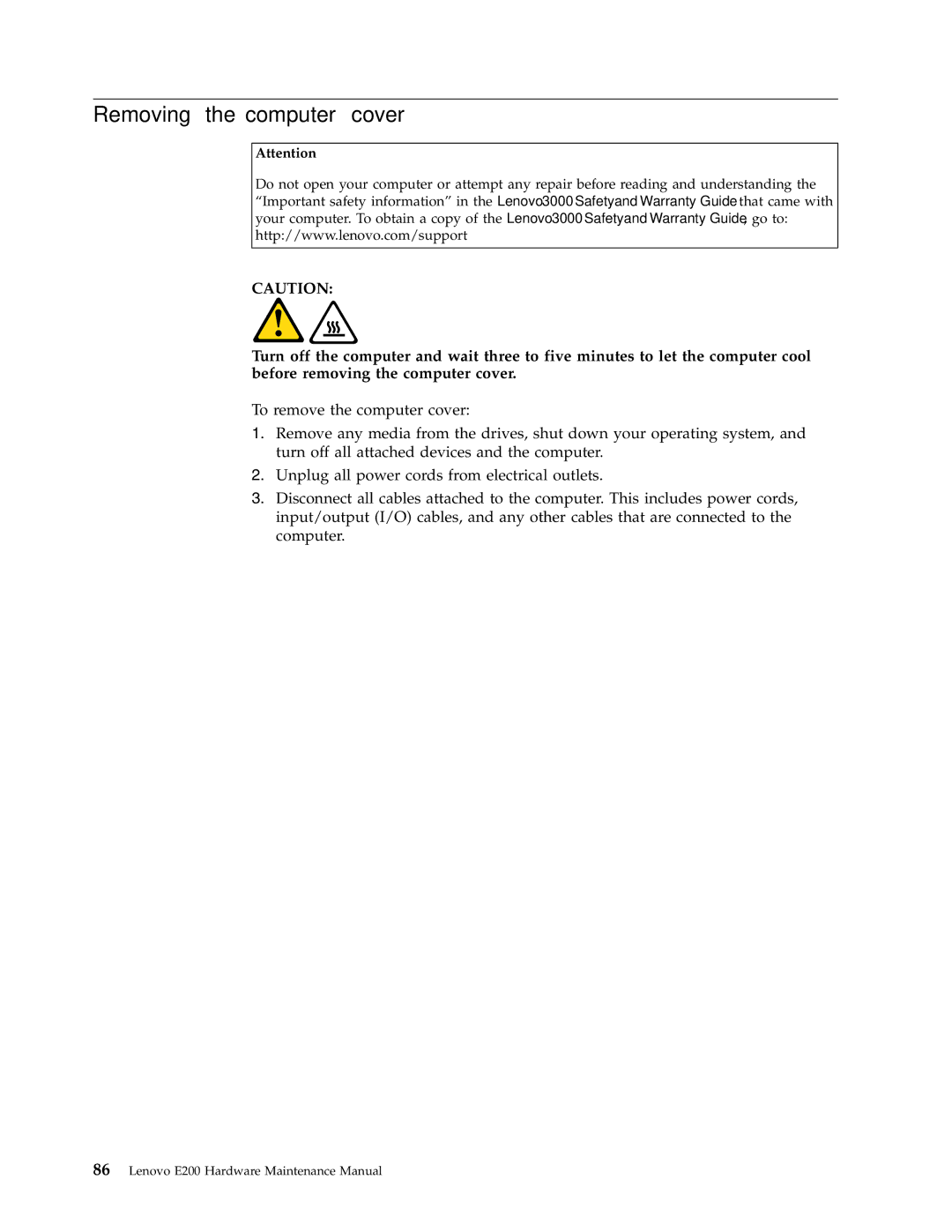 Lenovo E200 manual Removing the computer cover 