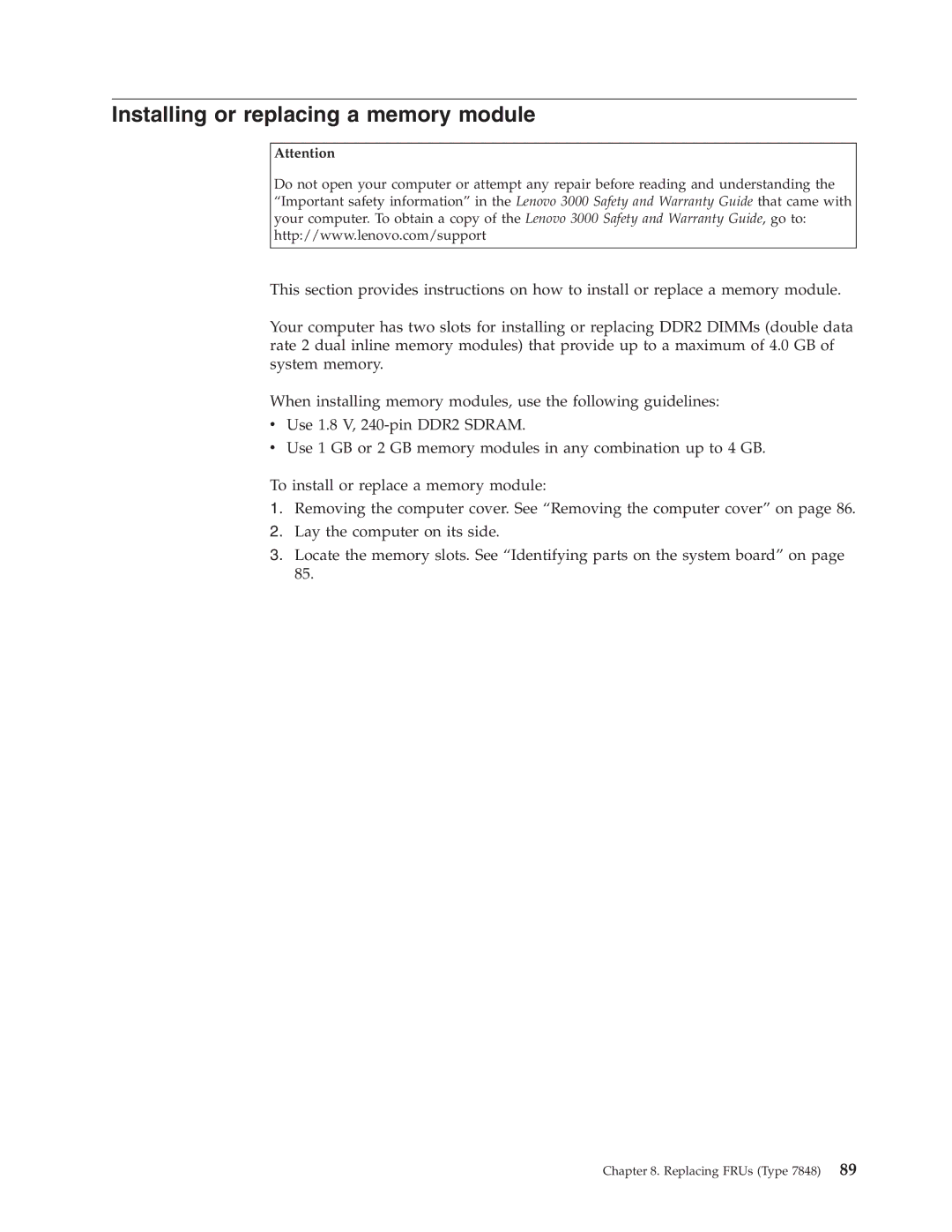 Lenovo E200 manual Installing or replacing a memory module 