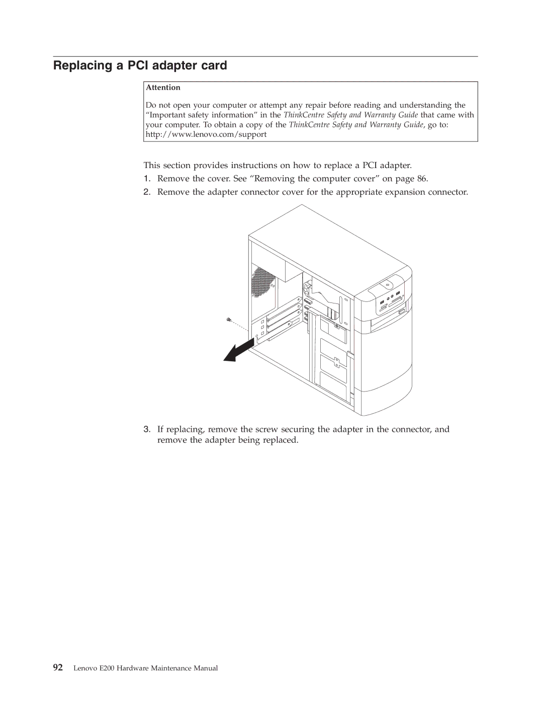 Lenovo E200 manual Replacing a PCI adapter card 