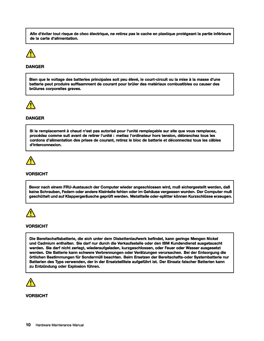 Lenovo E30, E31, EDGE 13 manual Danger Danger Vorsicht Vorsicht Vorsicht, Hardware Maintenance Manual 
