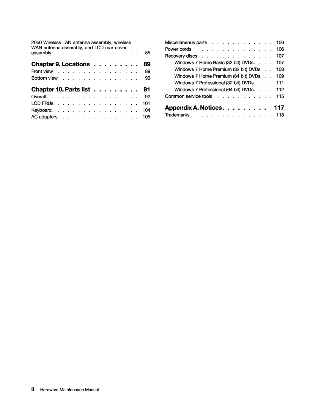 Lenovo E30, E31, EDGE 13 manual Locations, Parts list, Appendix A. Notices, ii Hardware Maintenance Manual 
