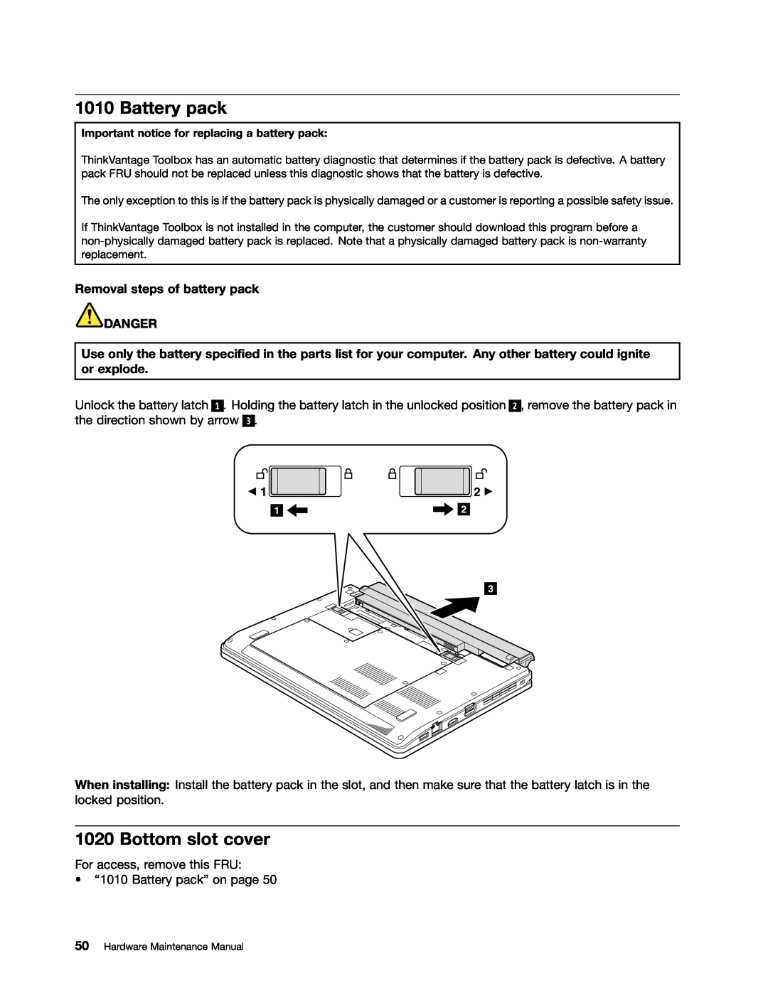 Lenovo EDGE 13, E31, E30 manual Battery pack, Bottom slot cover, Removal steps of battery pack DANGER 