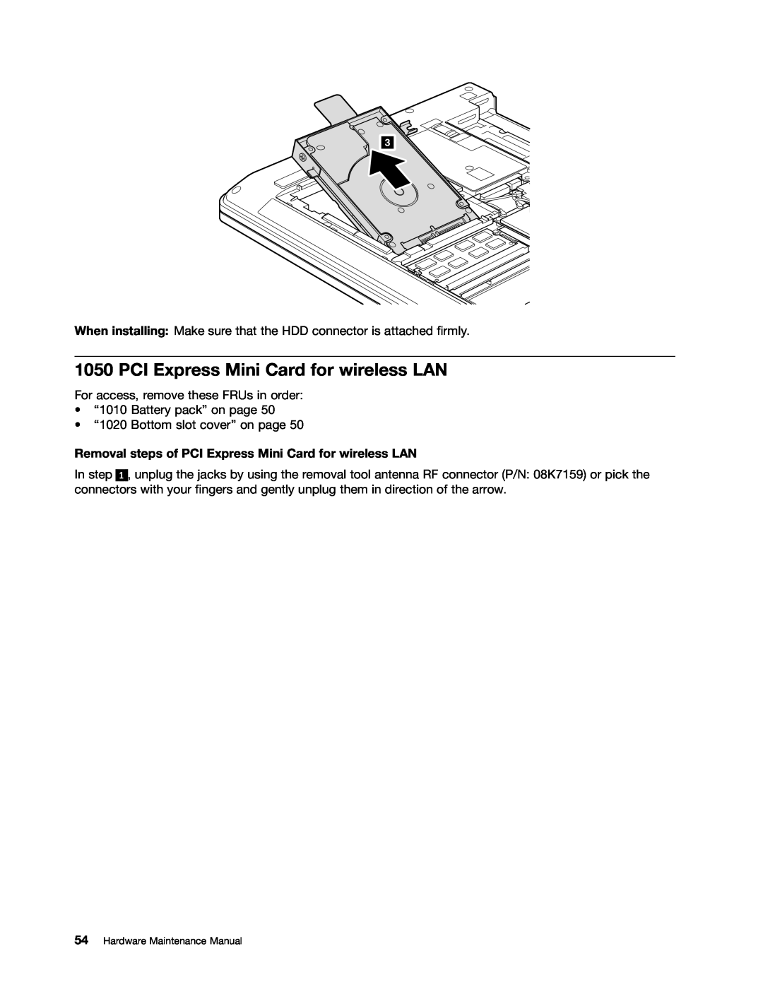 Lenovo E31, E30, EDGE 13 manual Removal steps of PCI Express Mini Card for wireless LAN 