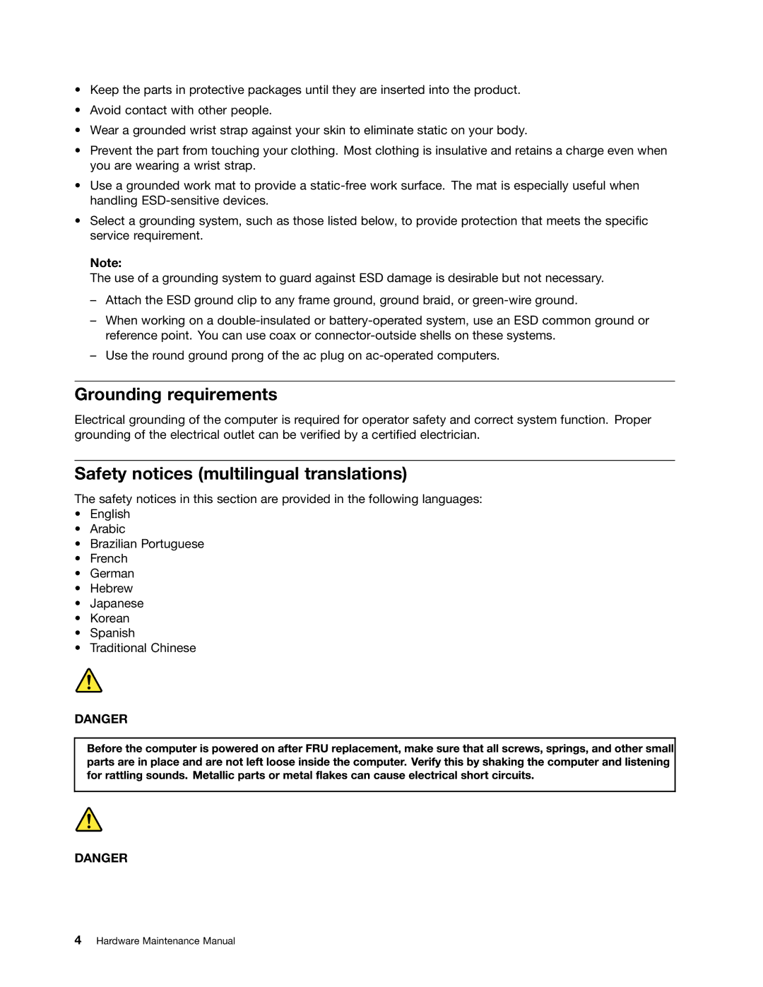 Lenovo E30, E31, EDGE 13 manual Grounding requirements, Safety notices multilingual translations 