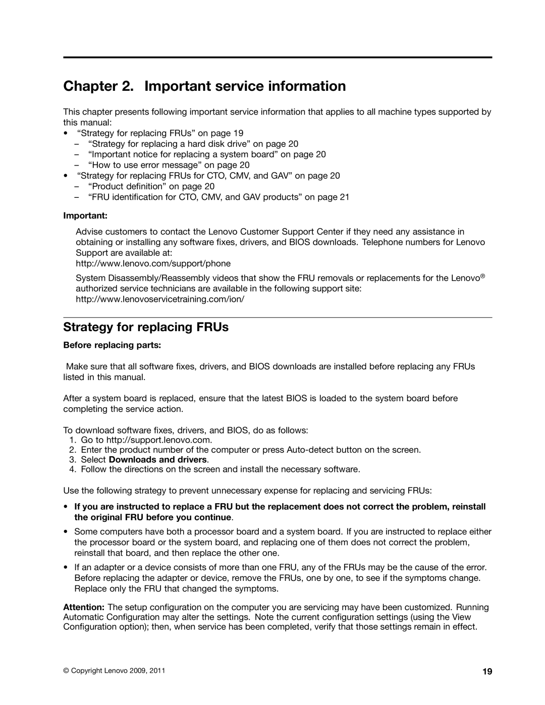 Lenovo E30, E31, EDGE 13 manual Important service information, Strategy for replacing FRUs, Before replacing parts 