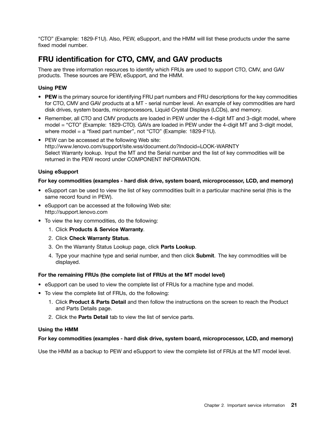 Lenovo E31, E30, EDGE 13 manual FRU identification for CTO, CMV, and GAV products, Using PEW 