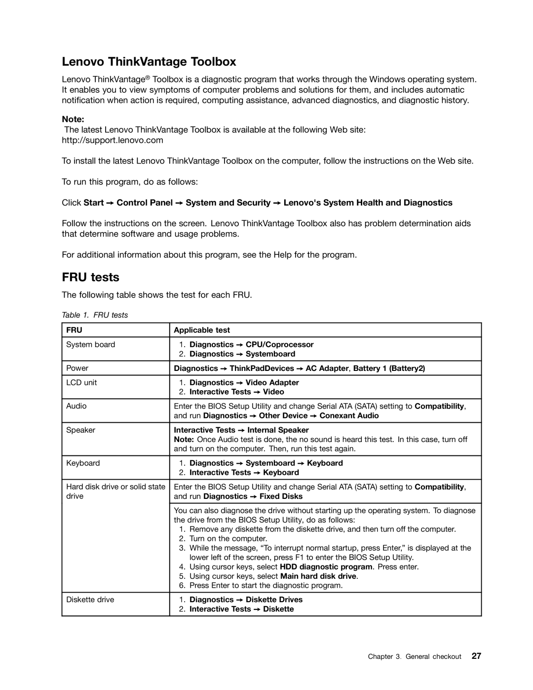 Lenovo E31, E30, EDGE 13 manual Lenovo ThinkVantage Toolbox, FRU tests 