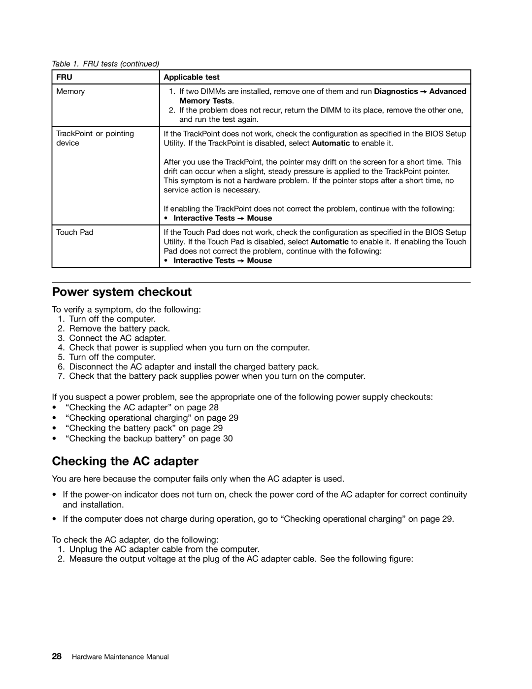 Lenovo E30, E31, EDGE 13 manual Power system checkout, Checking the AC adapter, Memory Tests, Interactive Tests Mouse 