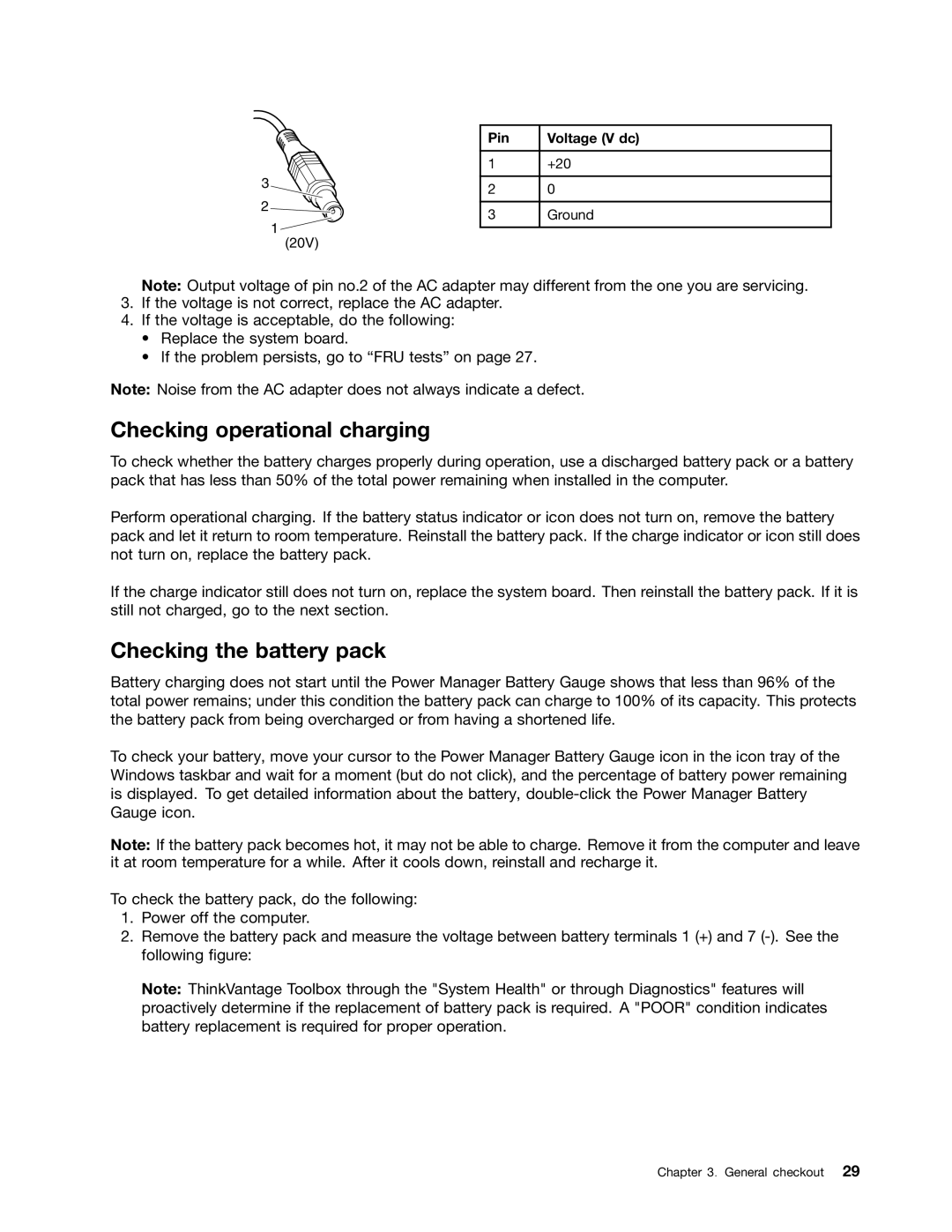 Lenovo EDGE 13, E31, E30 manual Checking operational charging, Checking the battery pack, Pin Voltage V dc 