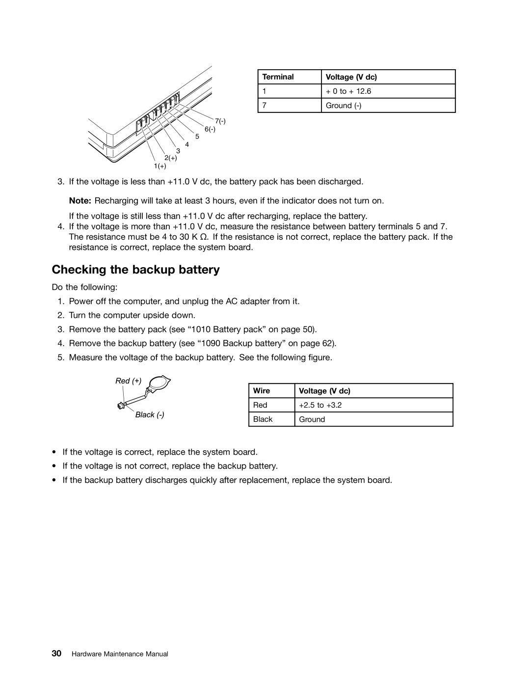 Lenovo E31, E30, EDGE 13 manual Checking the backup battery, Terminal Voltage V dc, Wire Voltage V dc 