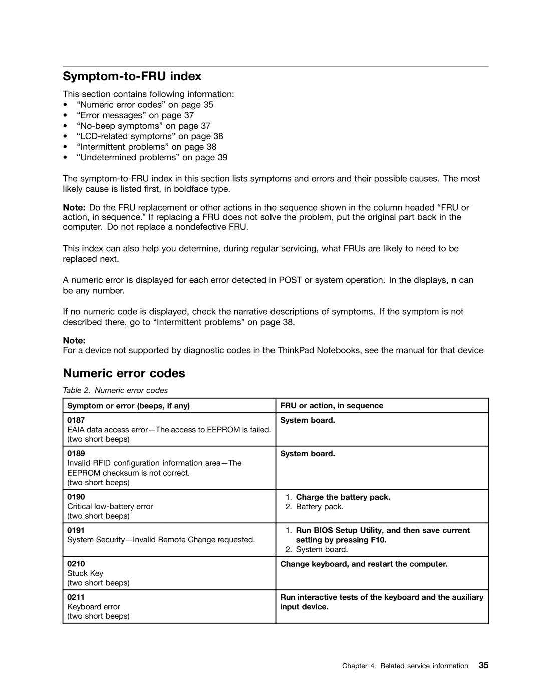 Lenovo EDGE 13, E31, E30 manual Symptom-to-FRU index, Numeric error codes 