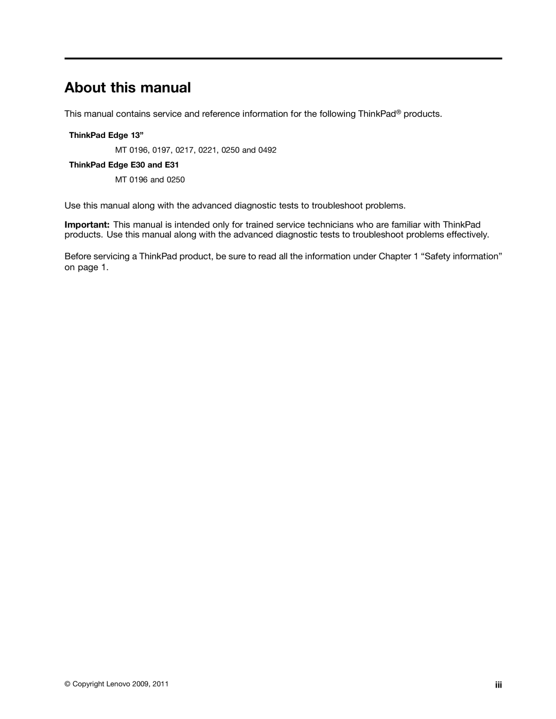 Lenovo EDGE 13 About this manual, ThinkPad Edge E30 and E31, Iii 