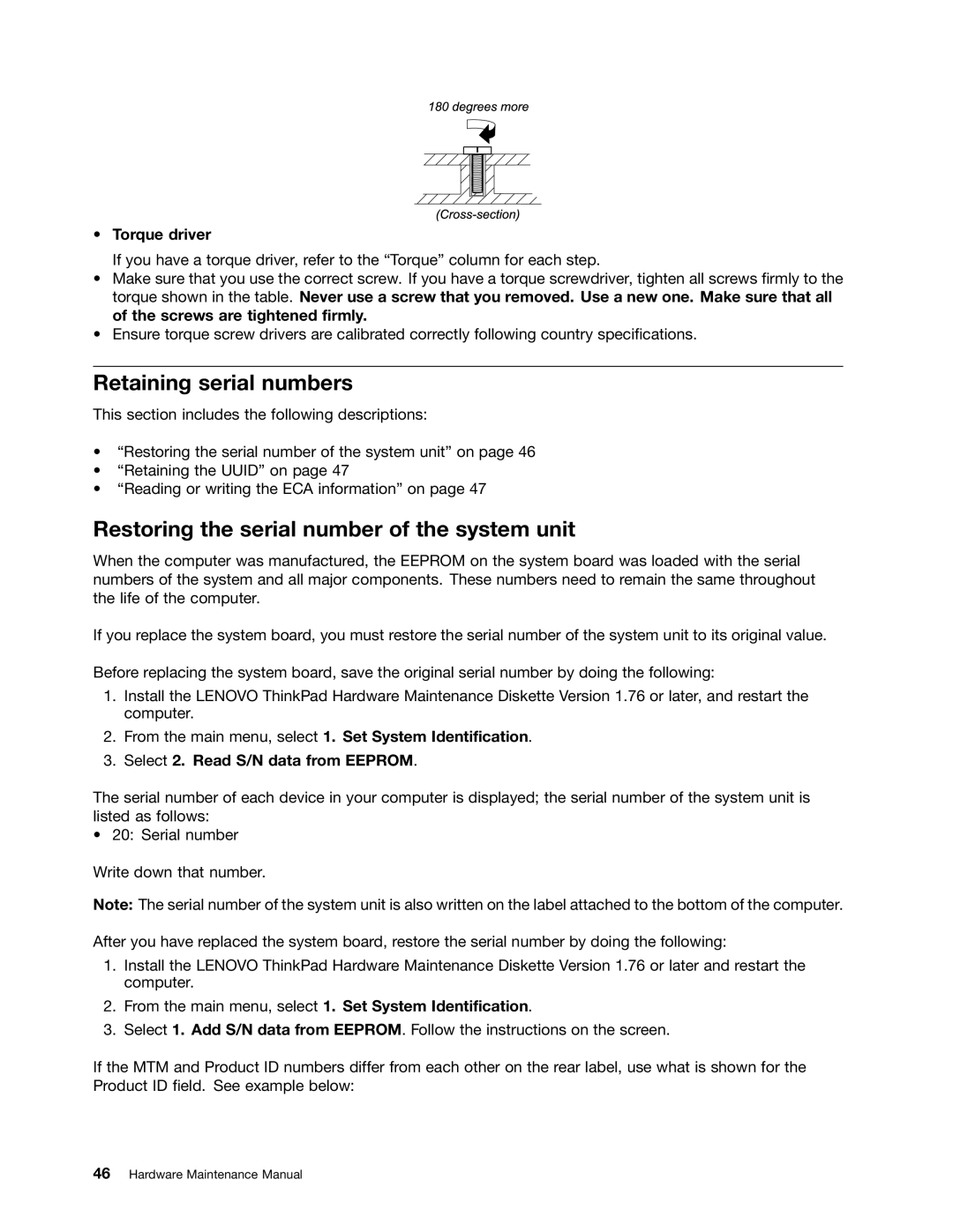 Lenovo E30, E31, EDGE 13 manual Retaining serial numbers, Restoring the serial number of the system unit, Torque driver 