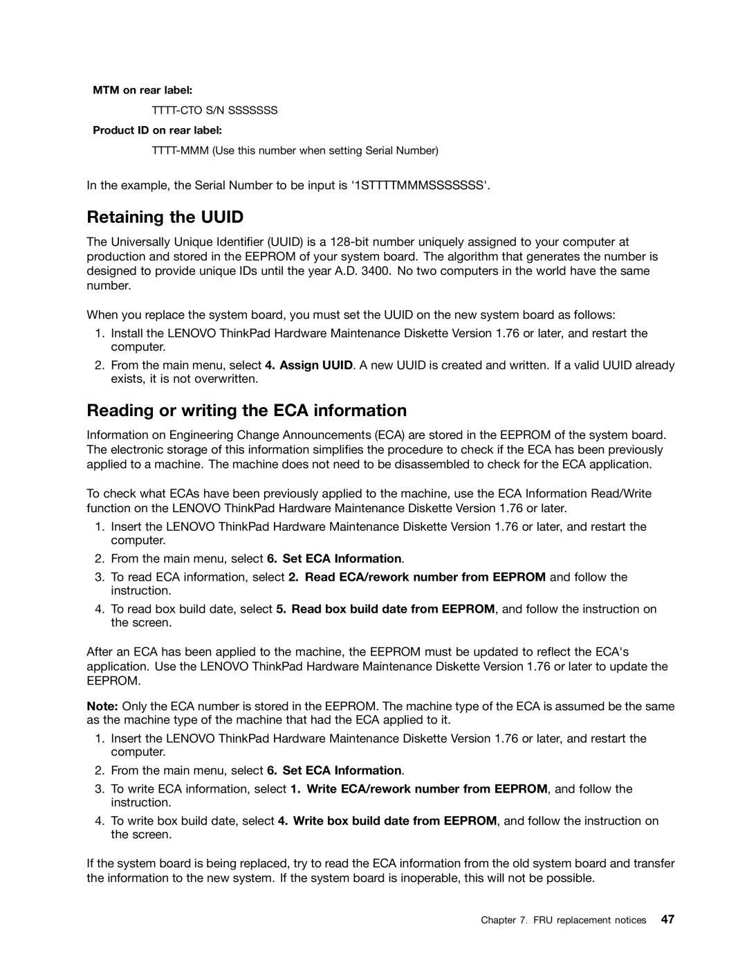 Lenovo EDGE 13 Retaining the Uuid, Reading or writing the ECA information, MTM on rear label, Product ID on rear label 