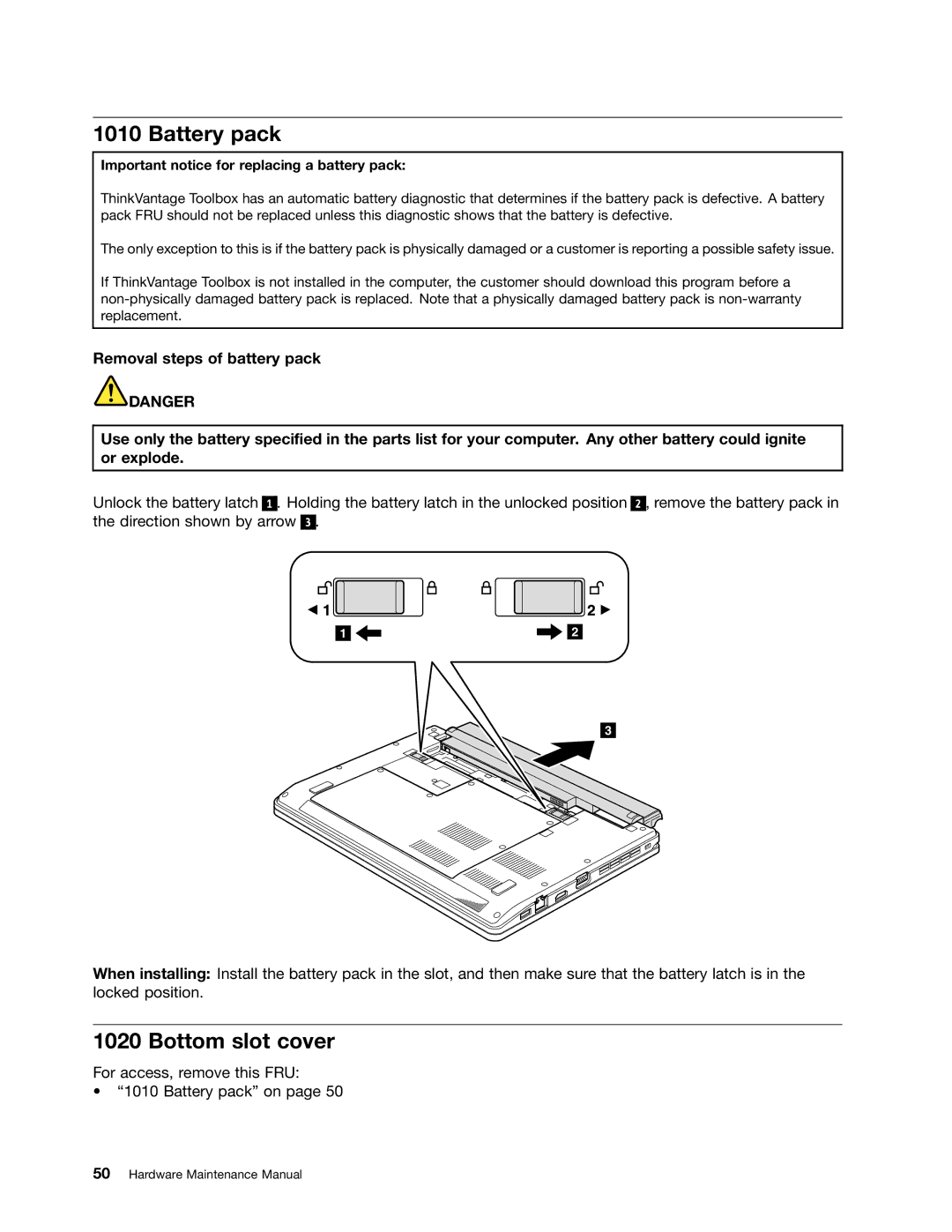 Lenovo EDGE 13, E31, E30 manual Battery pack, Bottom slot cover, Important notice for replacing a battery pack 