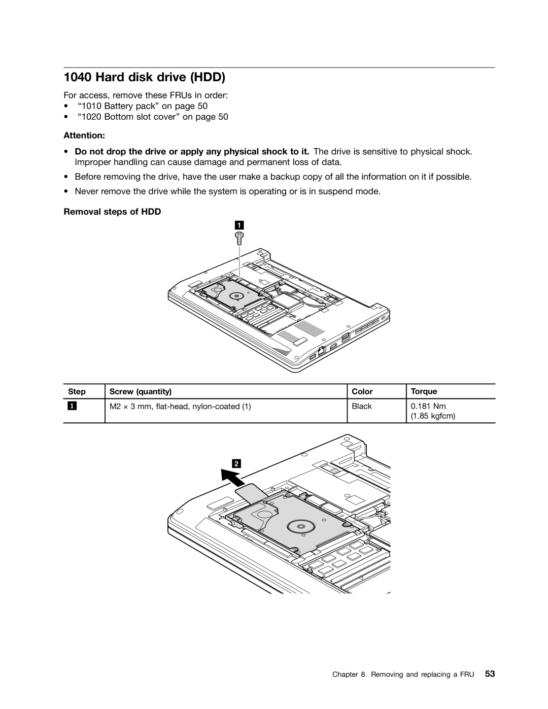 Lenovo EDGE 13, E31, E30 manual Hard disk drive HDD, Removal steps of HDD, Step Screw quantity Color Torque 