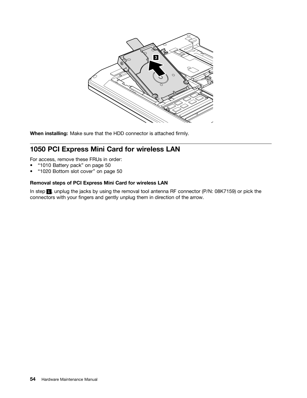 Lenovo E31, E30, EDGE 13 manual Removal steps of PCI Express Mini Card for wireless LAN 