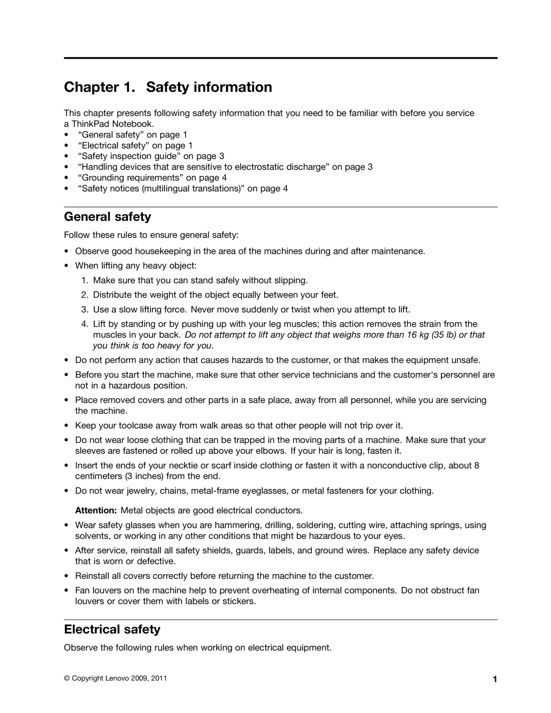 Lenovo E30, E31, EDGE 13 manual Safety information, General safety, Electrical safety 