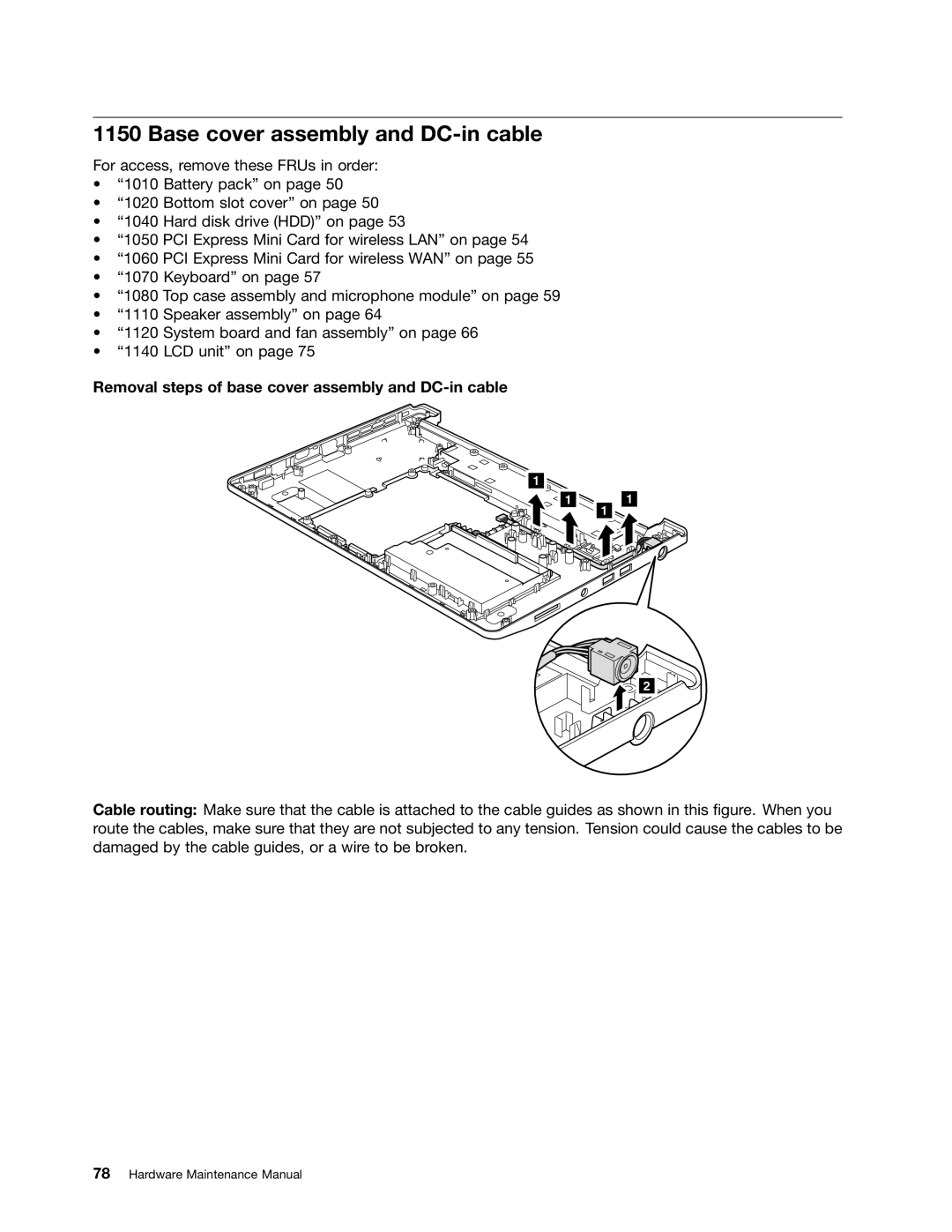 Lenovo E31, E30, EDGE 13 manual Base cover assembly and DC-in cable, Removal steps of base cover assembly and DC-in cable 