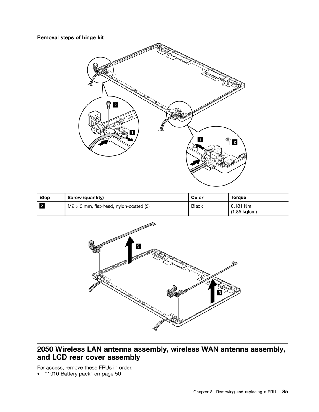 Lenovo E30, E31, EDGE 13 manual Removal steps of hinge kit, Step Screw quantity Color Torque 