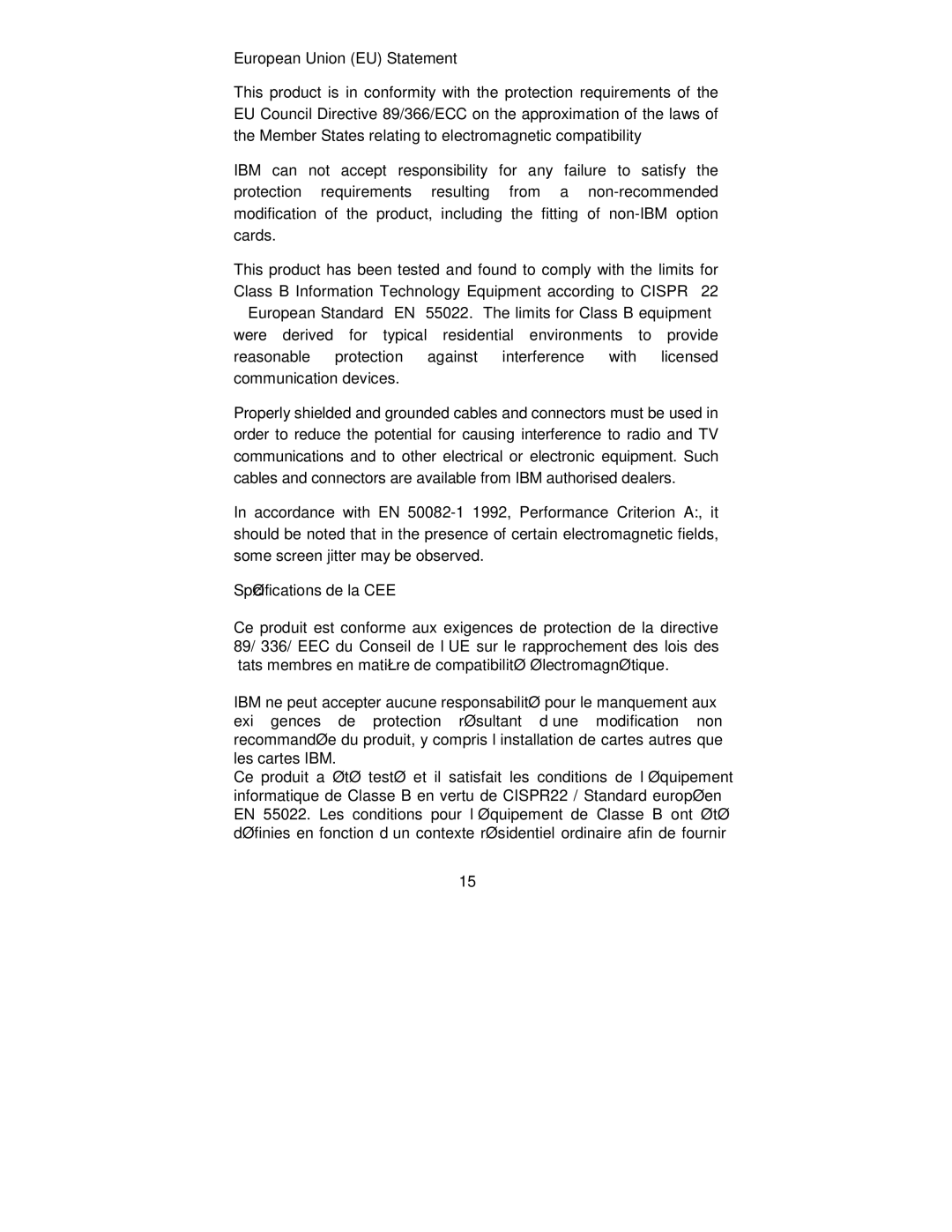 Lenovo E40, 22P4585, 2248-0CN, 2248-0CE, 06P3799 manual European Union EU Statement, Spécifications de la CEE 