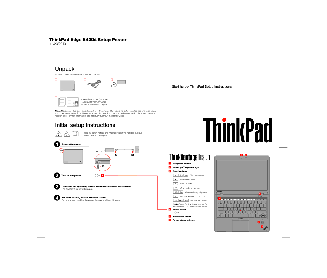 Lenovo E420S warranty Unpack, Initial setup instructions 