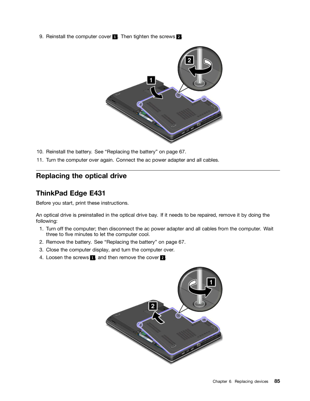 Lenovo E531 manual Replacing the optical drive ThinkPad Edge E431 