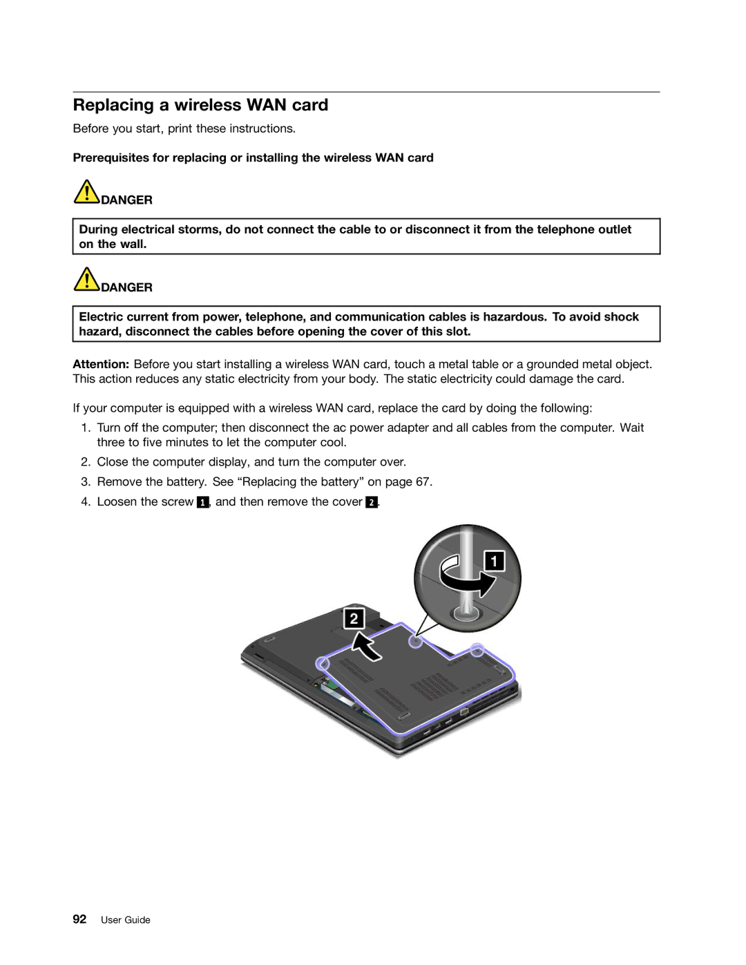 Lenovo E431, E531 manual Replacing a wireless WAN card 