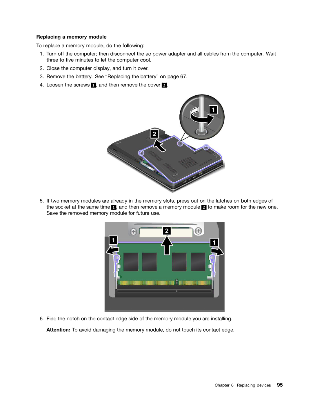 Lenovo E531, E431 manual Replacing a memory module 