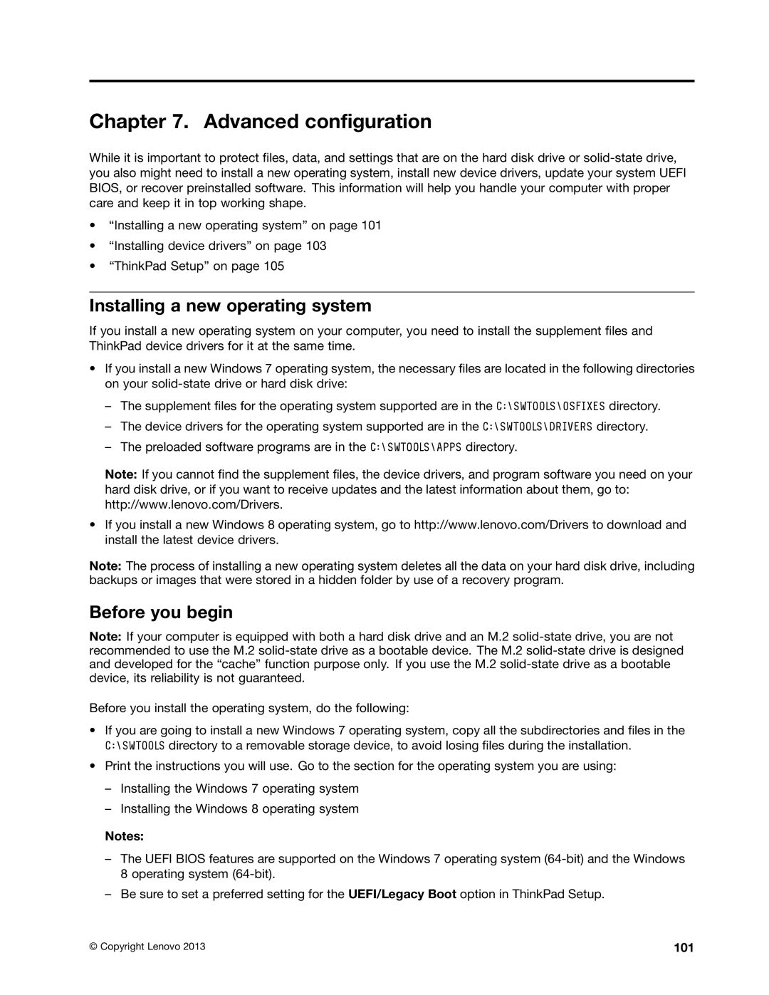 Lenovo E531, E431 manual Advanced configuration, Installing a new operating system, Before you begin, 101 