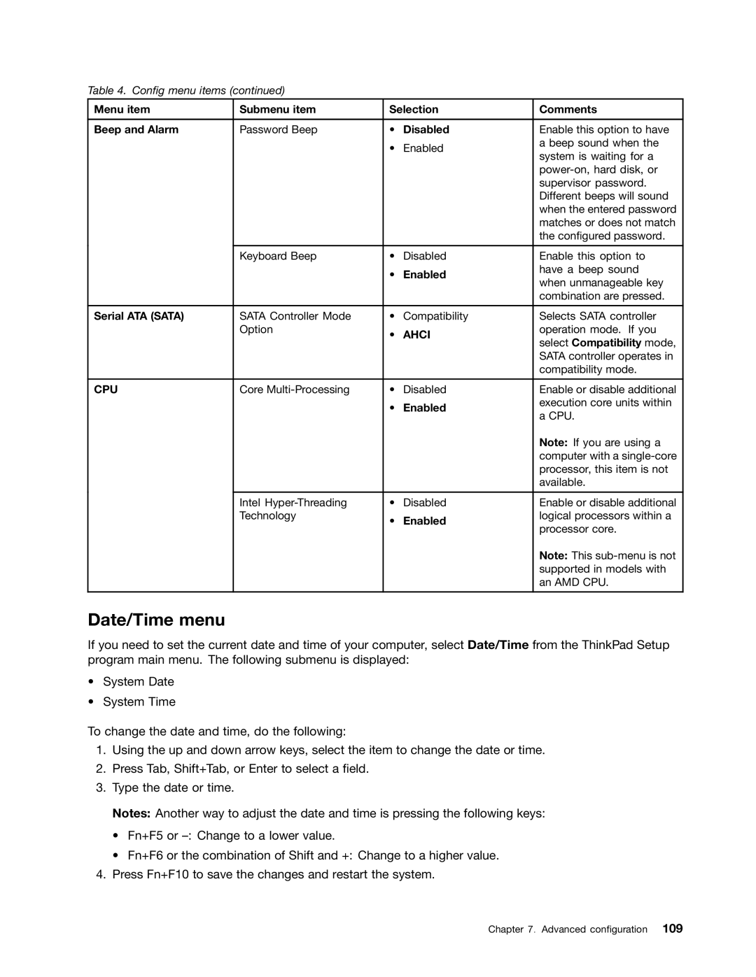 Lenovo E531, E431 manual Date/Time menu, Menu item Submenu item Selection Comments Beep and Alarm, Serial ATA Sata 