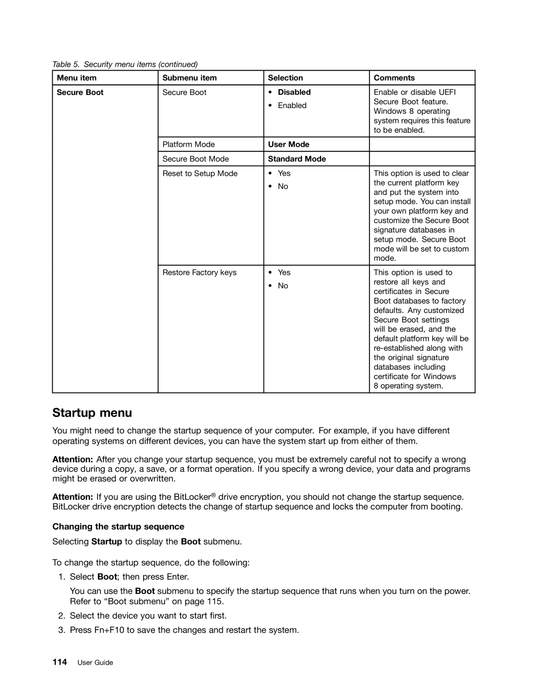 Lenovo E431 Startup menu, Changing the startup sequence, Menu item Submenu item Selection Comments Secure Boot, User Mode 