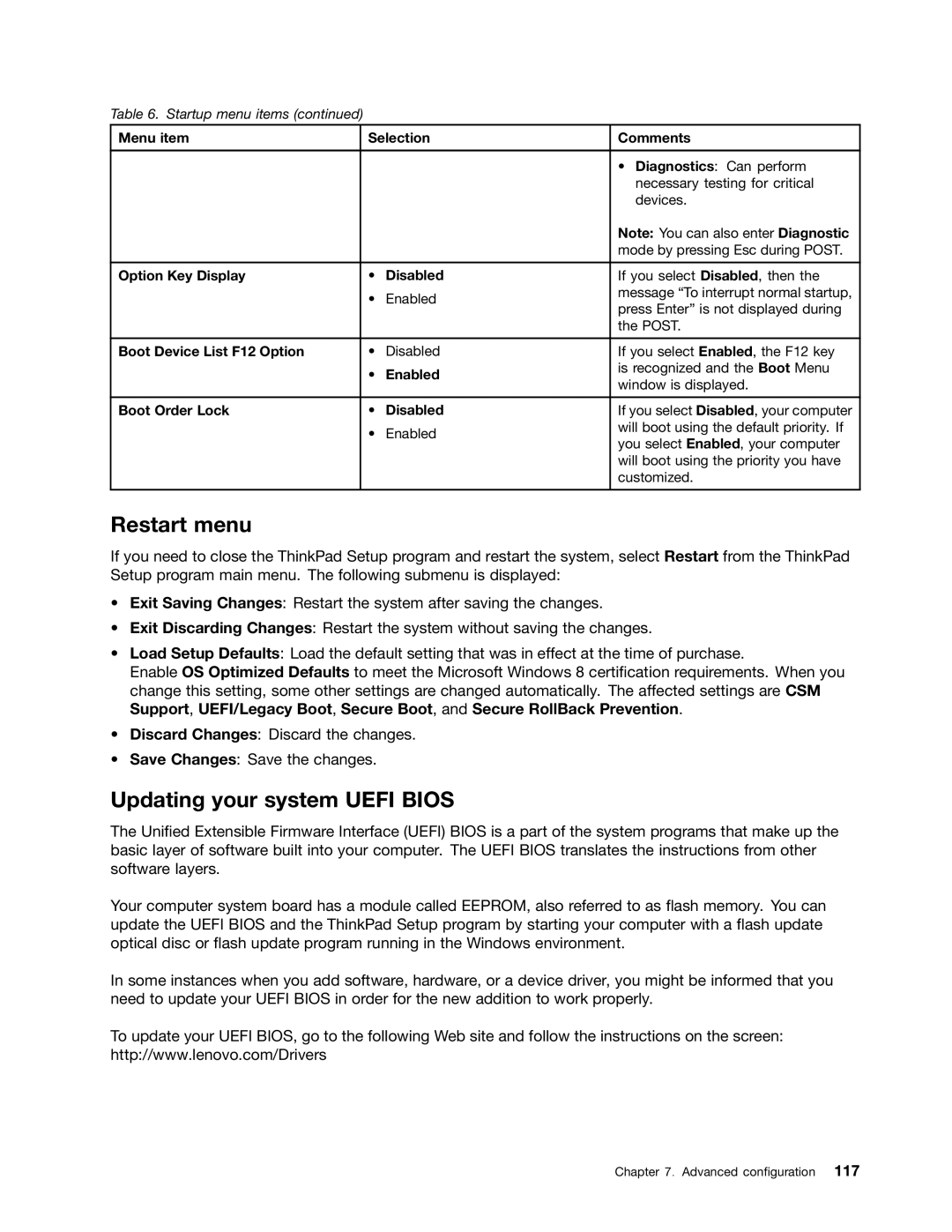 Lenovo E531, E431 manual Restart menu, Updating your system Uefi Bios 