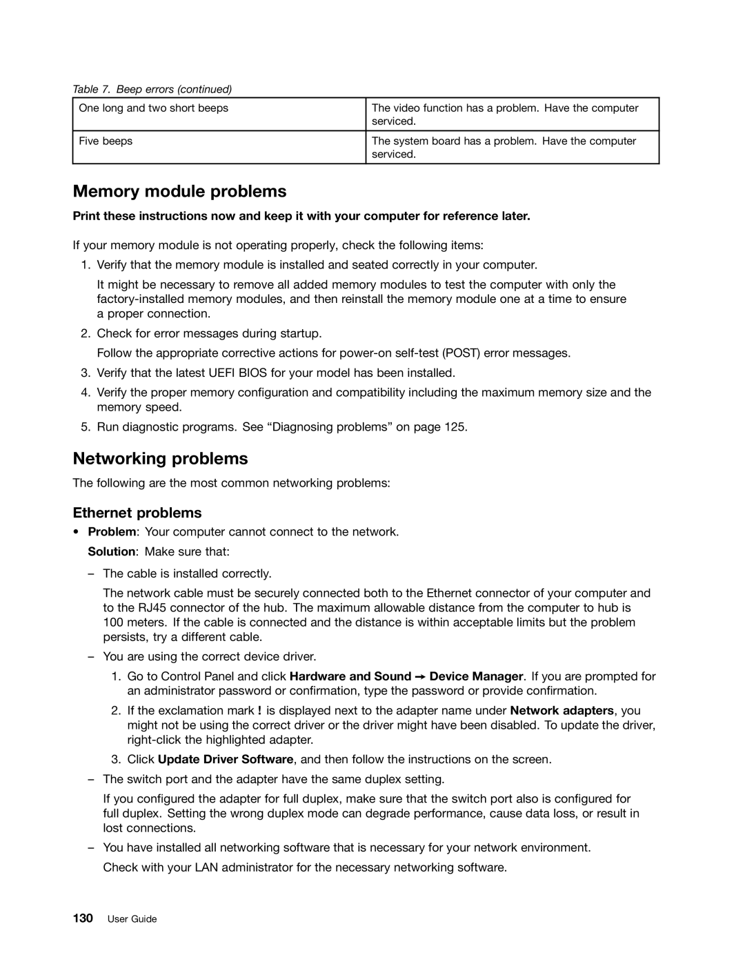 Lenovo E431, E531 manual Memory module problems, Networking problems, Ethernet problems 