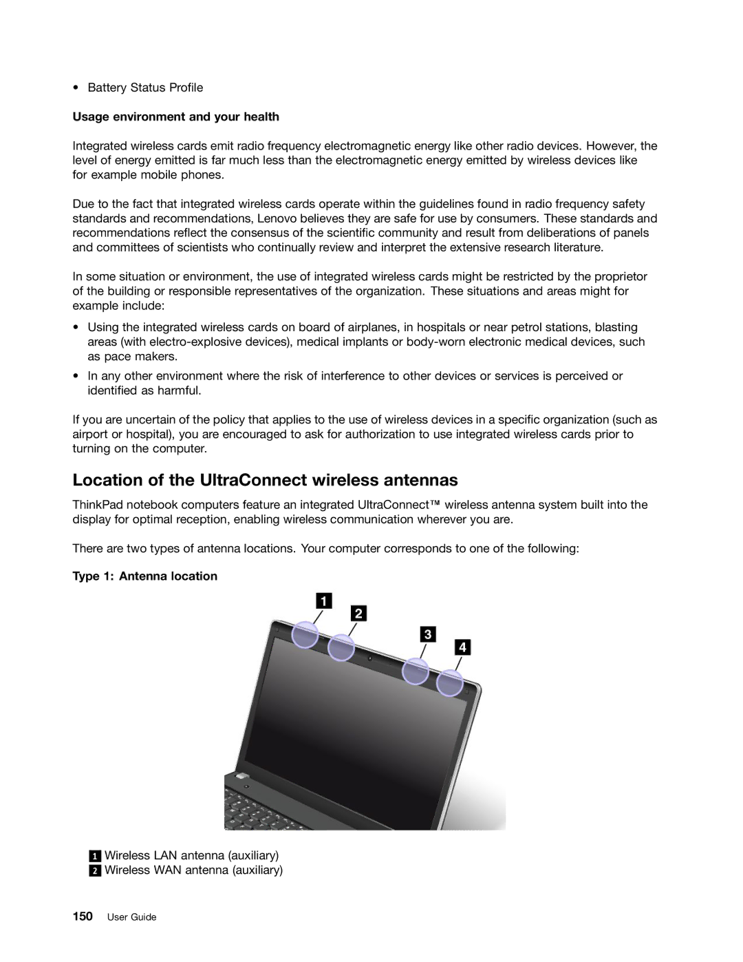 Lenovo E431 Location of the UltraConnect wireless antennas, Usage environment and your health, Type 1 Antenna location 