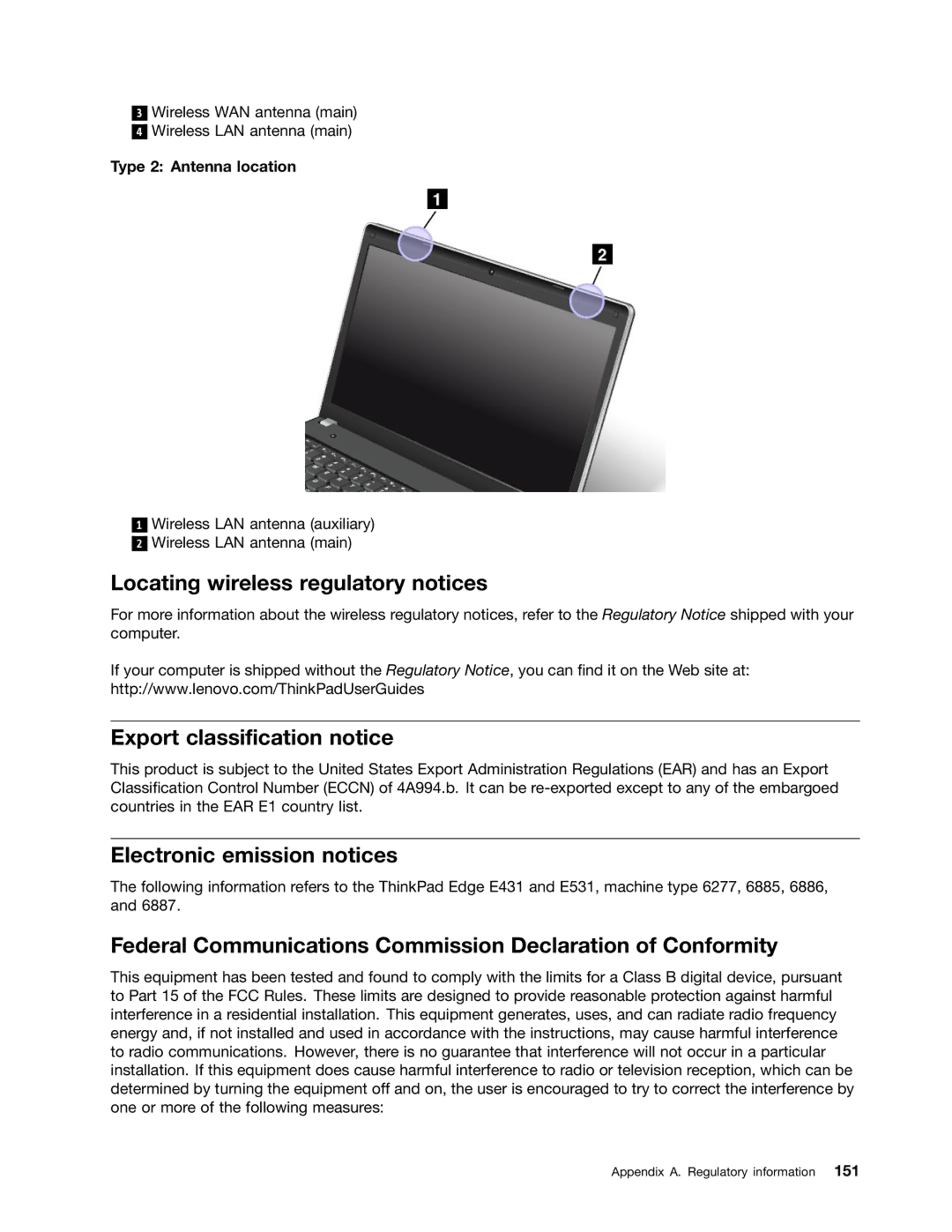 Lenovo E531, E431 manual Locating wireless regulatory notices, Export classification notice, Electronic emission notices 