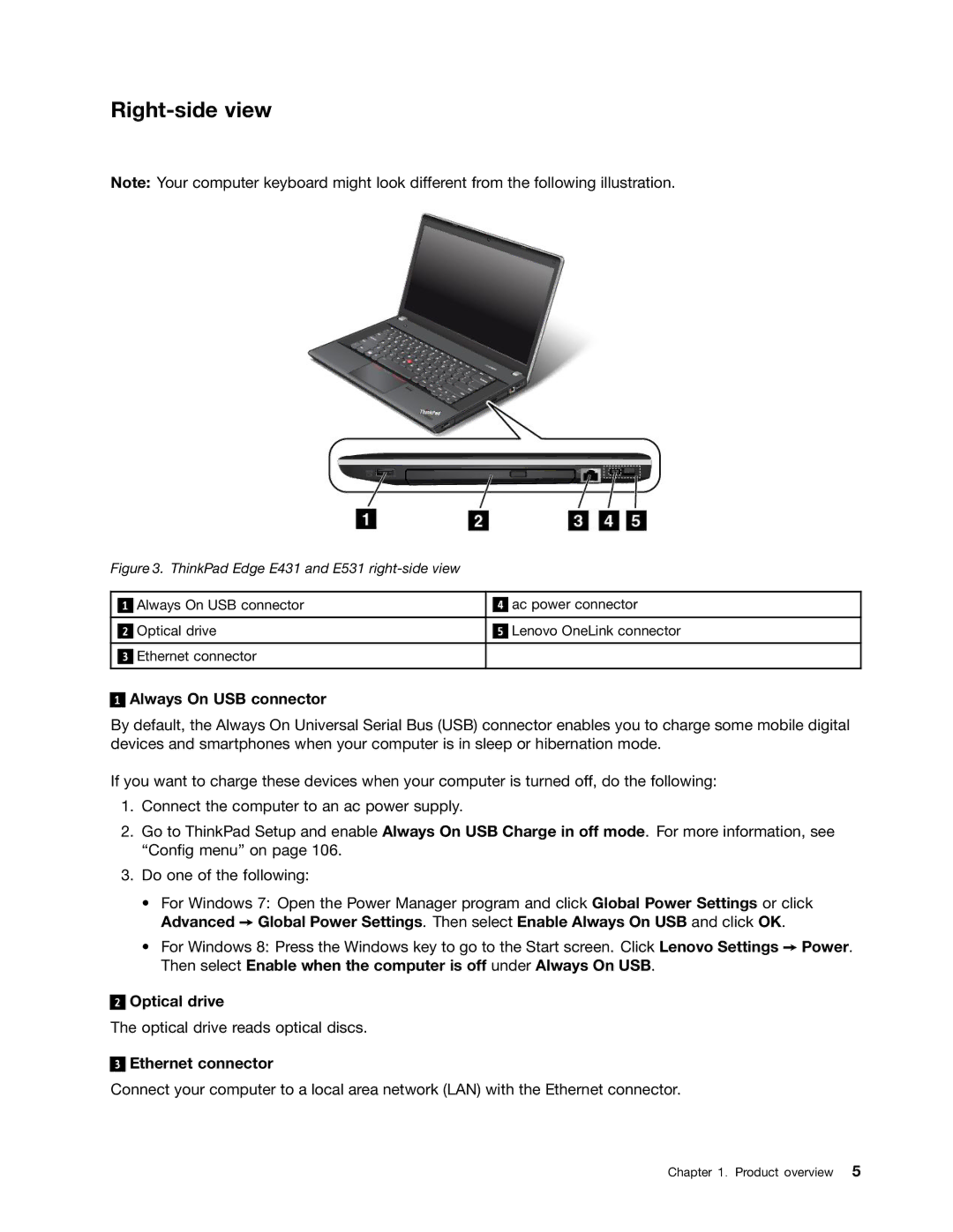 Lenovo E531, E431 manual Right-side view, Always On USB connector, Optical drive, Ethernet connector 