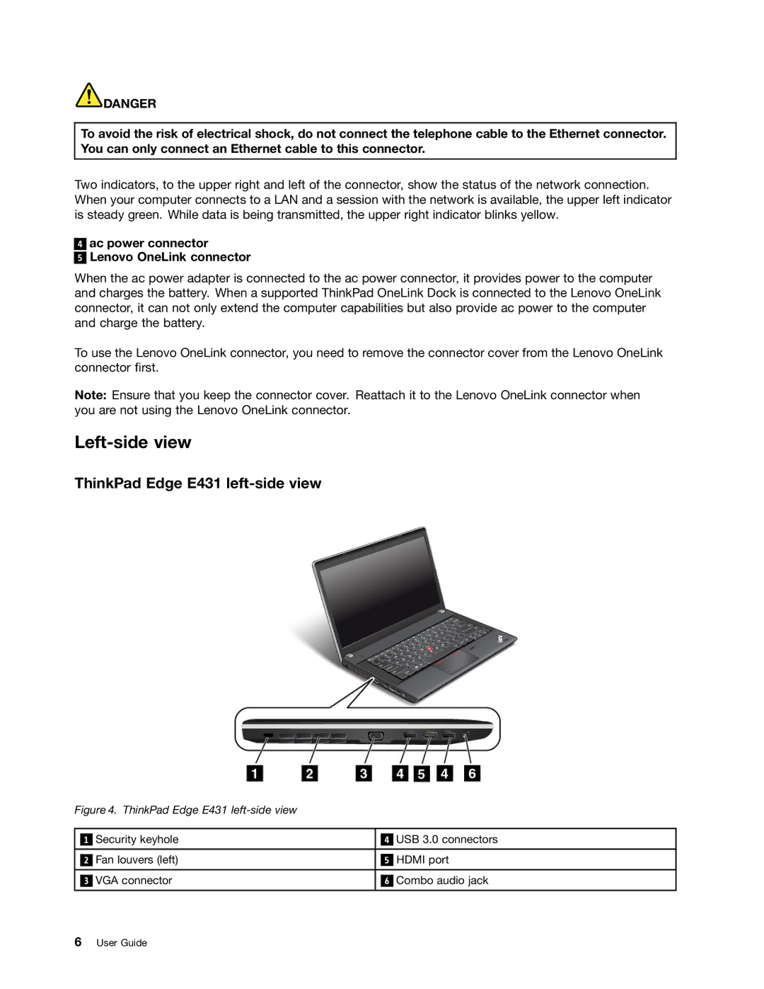 Lenovo E531 manual Left-side view, ThinkPad Edge E431 left-side view, Ac power connector Lenovo OneLink connector 