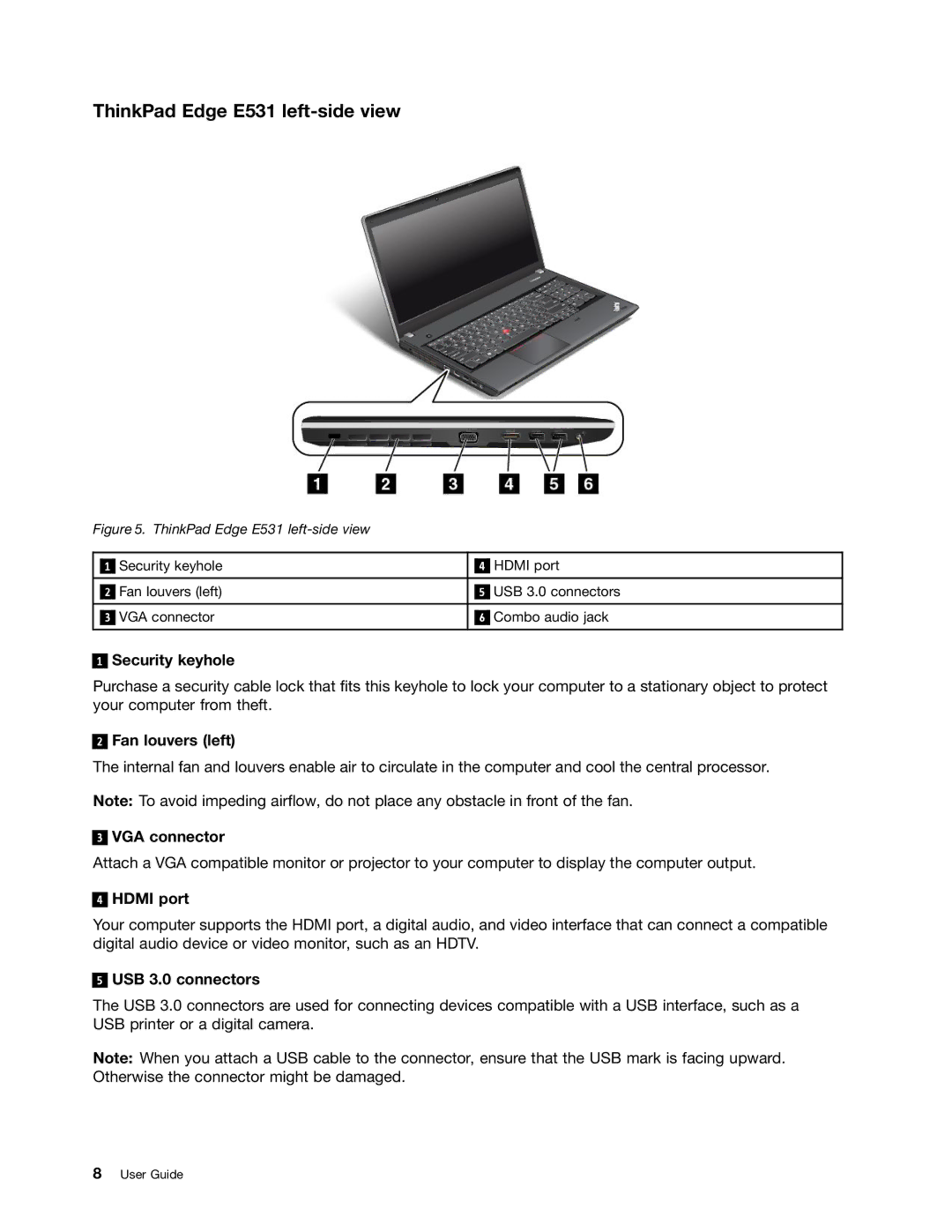 Lenovo E431 manual ThinkPad Edge E531 left-side view 