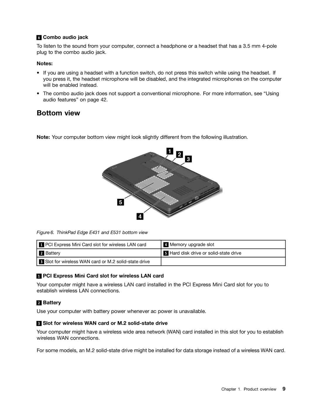 Lenovo E531, E431 manual Bottom view, PCI Express Mini Card slot for wireless LAN card, Battery 