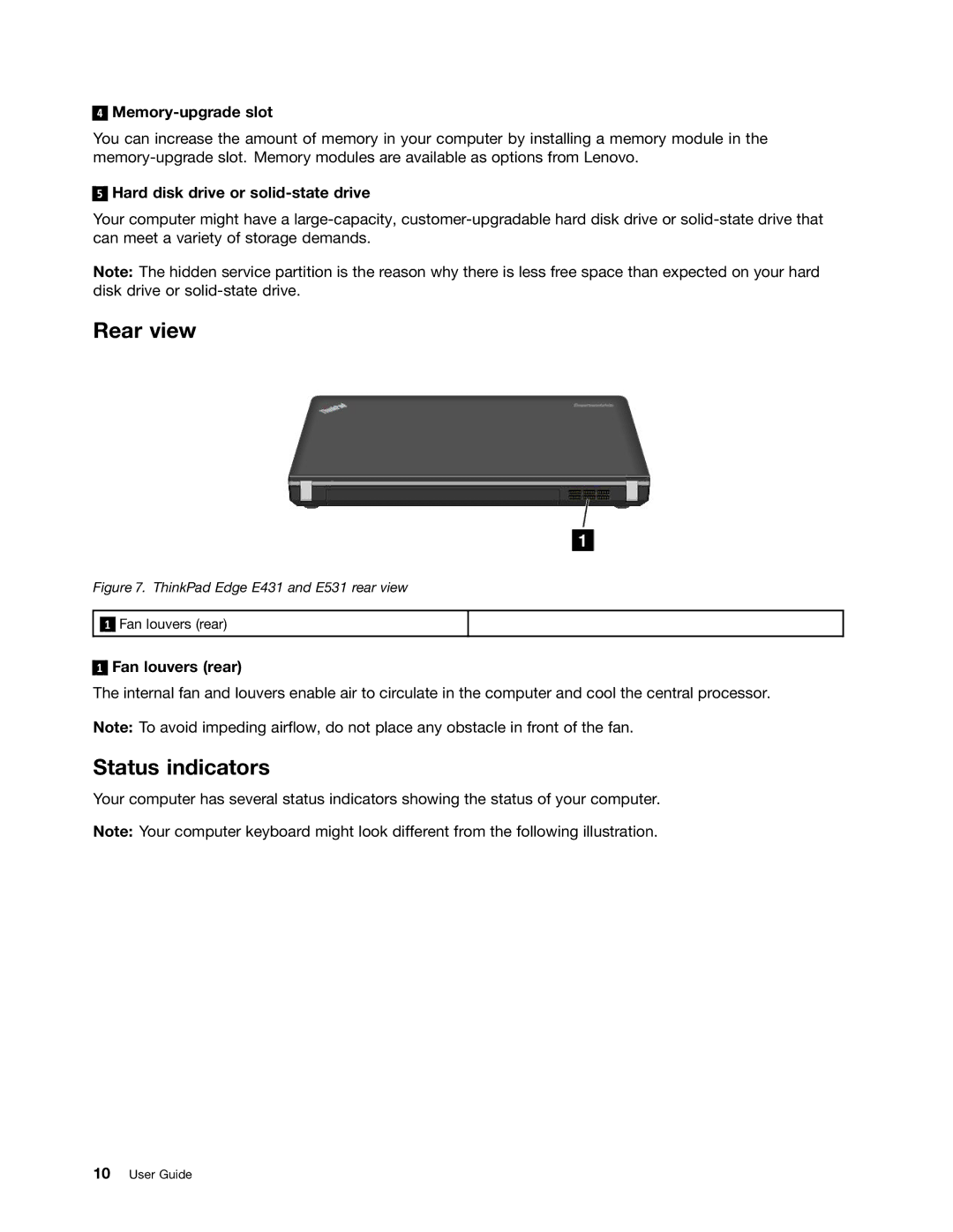 Lenovo E431 Rear view, Status indicators, Memory-upgrade slot, Hard disk drive or solid-state drive, Fan louvers rear 